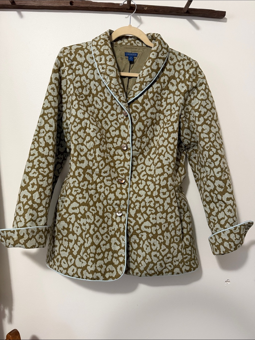 J. McLaughlin Olive Animal-Print‎ Tweed Blazer with Cream Piping